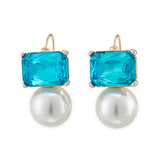Maggie Aqua Rectangular Crystal with Faux Pearl Earrings